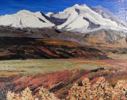 #10 - my version of "Denali", North America's highest peak, finished January, 2016, 11" X 14". My first mountains and after several false starts I woke one morning knowing that I had to build the snowy peaks from torn white paper. The foreground is made from tiny torn bits to make leaves on the bushes and was fun to assemble.