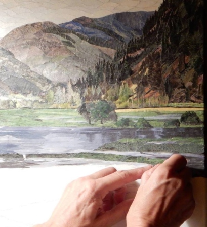 Work in progress, glue and paper - "Spring Flooding Near Ollala, BC" finished December, 2015, 16" x 16"