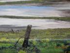 Detail on #9, "Spring Flooding near Ollala, BC" - from the underside of the deep sided canvas. I liked my version of the barb wire coiled on the old fence post.